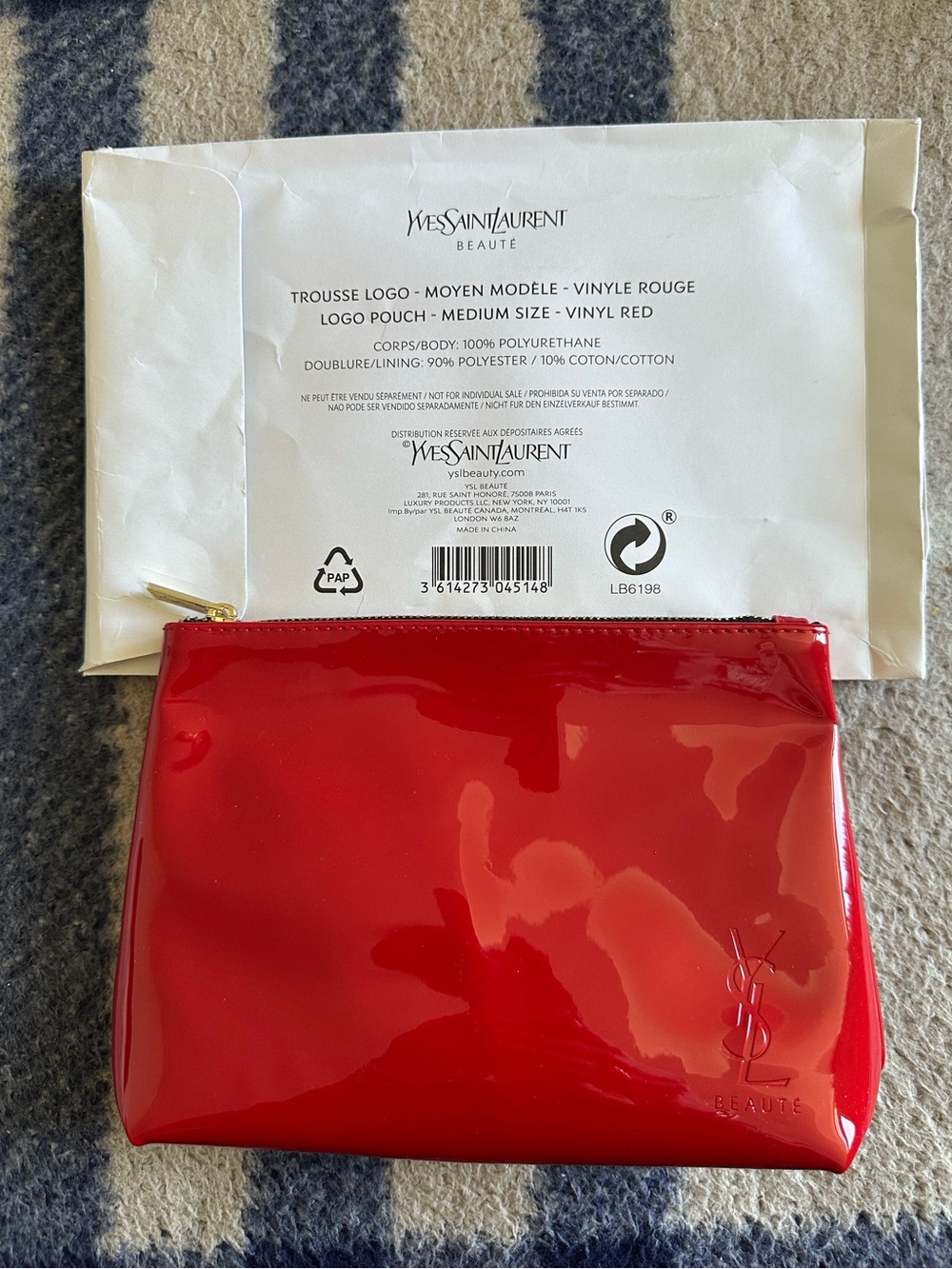 New Yves Saint Laurent Red Vinyl Logo Zip Pouch